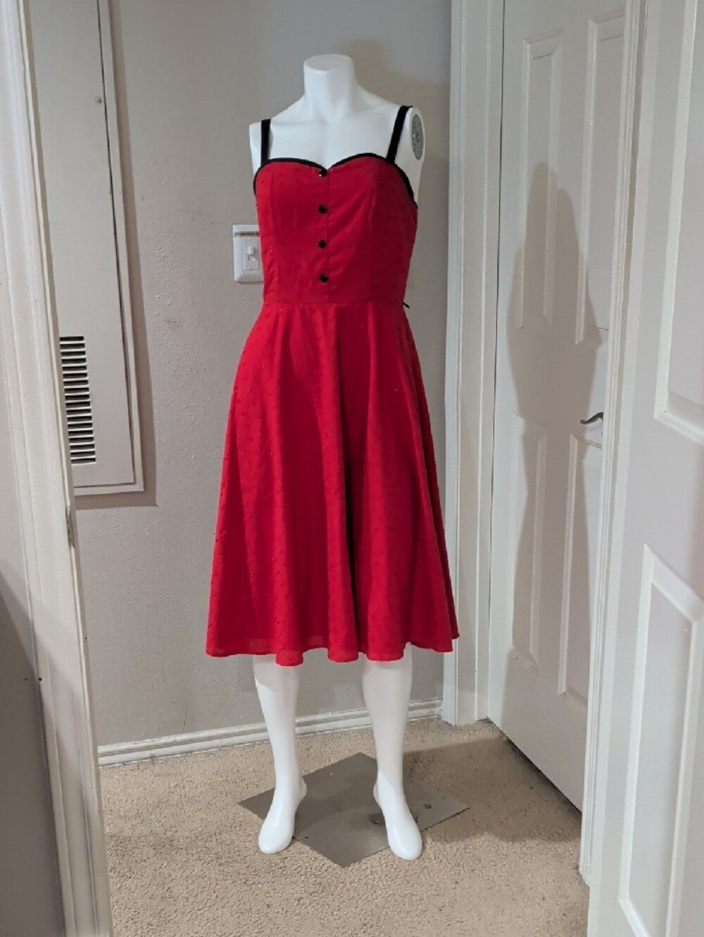 Vintage Stop Staring Red Fit-and-Flare Midi Dress w/ Black Trim Retro Women's M - Picture 3 of 9